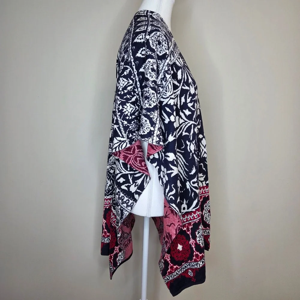 Chicos Navy Blue Red‎ Floral Silk Cotton Knit Kimono Wrap Shawl One Size
